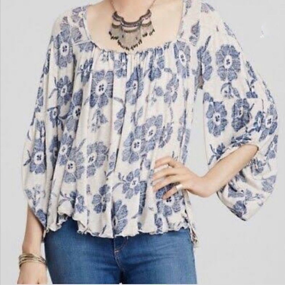 Free People Blue Grey Floral Boho Peasant Top